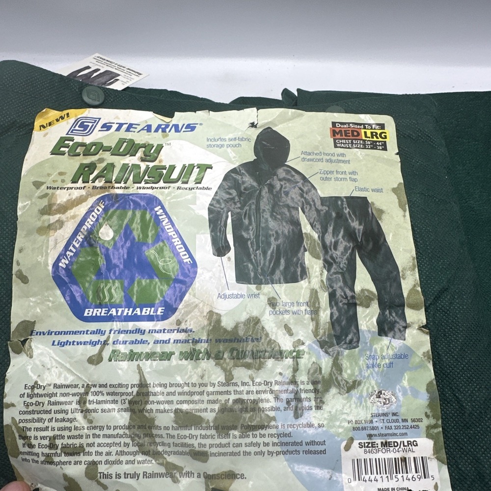 Stern's Eco-Dry Rain Suite Medium / Large Green Jacket With Hood And Pants